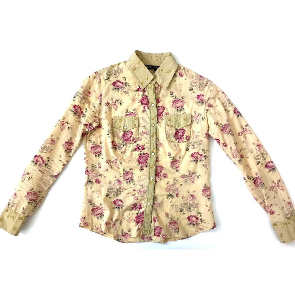 Vanity Floral Print Long Sleeve Western Shirt Cowgirl Yellow Pink Roses Small